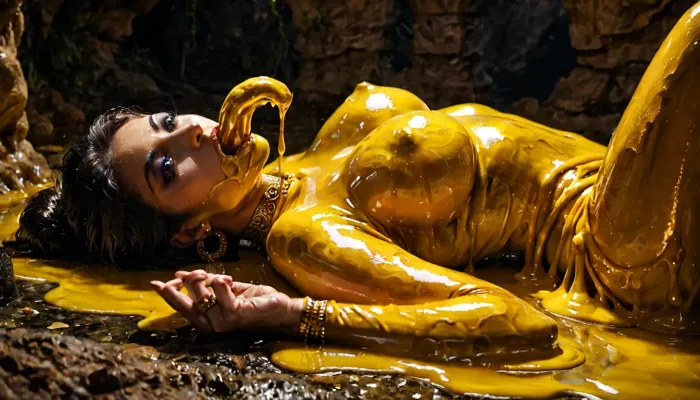 Photorealistic, Best quality, 1 person, (Arabian princess), attacked by, a shiny gold goo mass, clothed Arabian princess laying on her back, goo in mouth, gold goo creature is corrupting her mind, in an, (underground tomb filled with riches), night time, mind controlled, (fear:.3), <lora:sd_xl_dpo_lora_v1:.6>, <lora:MJ52:1>, <lora:dark:.6>