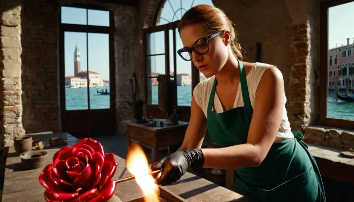 Wide angle shot of a Venetian glassblower creates a red glass rose, a Murano glass blowing workshop, a 30y.o. Venetian woman glassblower, short ponytail, wearing an apron gloves and safety glasses, a clear view of Venice through the window on a sunny day, Masterpiece, high detail, high quality
