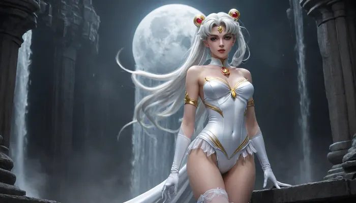 full body view sailor moon, Ethereal female entity, bottomless eyes, waterfall hair cascading and veiling her face, medium breasts, nipples, dynamic pose, medium breasts, white satin gloves, shite satin thigh high stockings, hand under breast, collarbone glistening under moonlight, Digital painting captures interplay of Art Nouveau and punk aesthetics within her being, contrasted against sprawling backdrop of cyber and atmospheric industrial textures, distilled mourning of a divine spirit, gripping, cyberpunk elements, atmospheric contrasts, detailed hairstyle, Lunar luminesc, <lora:DigiArt:.8>