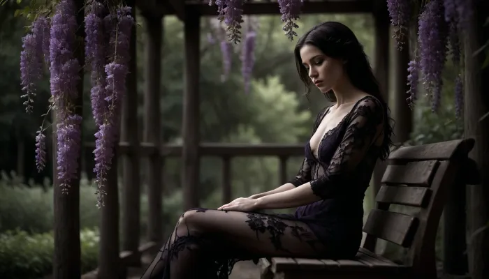 Ultra realistic photo of a beautiful thin, fit young white caucasian adult woman sitting on a wooden bench under a pergola covered with hanging clusters of purple wisteria. Very pale skin. She is slightly arched, head gently tilted back toward the sky, eyes closed, long loose black hair flowing behind the back of the bench. Nude. Naked with only black stockings and black lace sleeves. Soft diffused light, intimate atmosphere, dreamy and romantic, subtle refined sensuality, shallow depth of field, gentle bokeh flowers, high detail. chiaroscuro. Shallow depth of field, dreamy bokeh flowers, cinematic, romantic, refined sensuality, NEGATIVE_HANDS, detailxl, DeepNegative_xl_v1, <lora:RMSDXL_Enhance:.9>, <lora:dark:.4>, <lora:uberfit_lora_sdxl:.3>