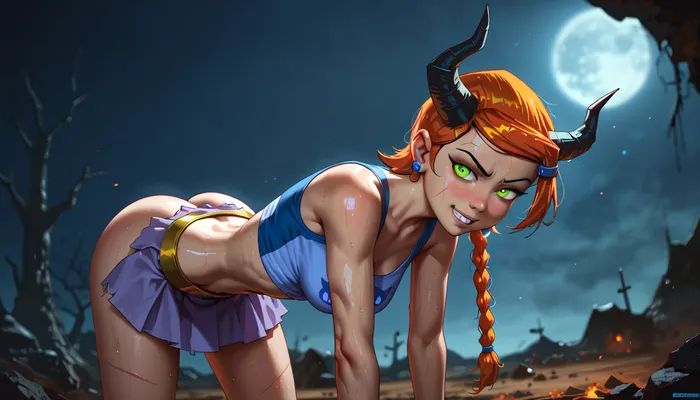 A 25-year-old desert survivor in a post-apocalyptic fantasy world gets fucked by a inferior female, on the edge of a huge cracked wasteland under an ominous gray-orange sky. The land is desolate and lifeless, littered with the ruins of forgotten civilizations and gnarled trees petrified by time. Inferior Female grabs Gwen and impales her on her cock, from excitement and pain the girl screams in ecstasy, the monster tears the clothes on the girl, rags. 

The girl has long orange hair in messy braids and dreadlocks, and fair skin with soft, doll-like features. Her big blue eyes are full of fear, but also charm. She is wearing a revealing outfit made of stitched leather and torn fabric, a cropped top and a short skirt that accentuates her toned figure. She looks back at the girl behind her with a mixture of greed and strange attraction. Looming behind her is a skinny girl, with jagged obsidian horns, glowing red eyes filled with rage, battle scars etched into its flesh, and chains hanging from its belt. Style, dark fantasy, dystopian apocalyptic setting, cinematic lighting, dramatic moment of action, high detail, sensual tension, sagging massive breasts, close-up, flaccid, crotch, feminine testicles, friction, ass, focus, suggestive 4ng3l, face, (/Ben10), /, (ultra, HD, quality, details), (green, eyes), gwen, tennyson, bright, orange, hair, short, <lora:dark:.5>, <lora:MJ52:.8>, <lora:SDXL_BetterFaces-LoRA_v1:1.3>, <lora:Gwen Tennyson (Ben10) - XL SCXL V1.0:.8>