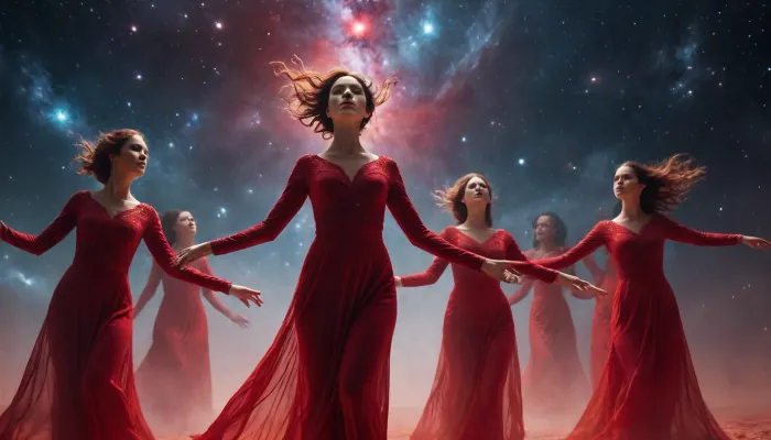 light connection between many of galaxies, red women ghost dancing between them