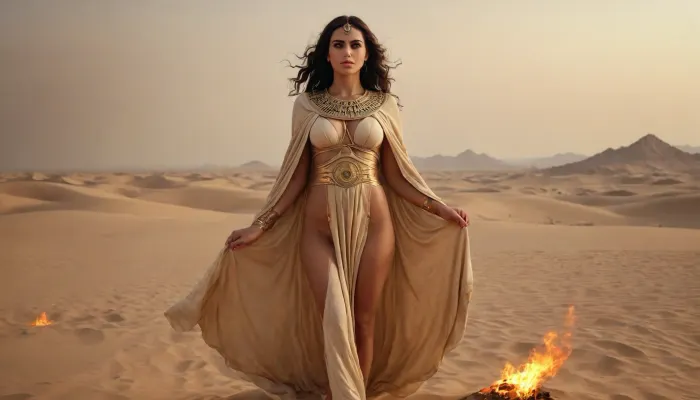 egyptian women praist in ancient robe, gold lingery in deep desert, fire storm on horizont