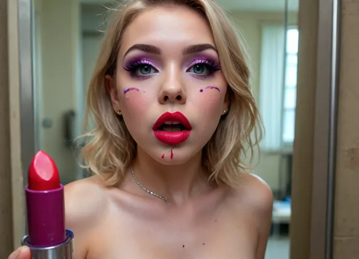 I'm standing in front of a large mirror in my room. My genitals are stained with lipstick
Kate Li 18 years old, Pretty face is known for her love of anal, (makeup:1.5), I painted my pussy with bright thick lipstick., Inside, there is a painting on the wall depicting a cautiously dangerous cat., (lipstick pussy:1.7), Liquid lipstick is leaking from my pussy, My breasts swelled and my nipples swelled and turned purple, My legs are wearing high stockings with a kitty pattern, I pack in a lustful pose, leaning back and showing off my pussy in sticky lipstick, a thick hose is inserted into the anus to pump milk., straight bangs ponytail, (((looking, viewer))), (((splash, pad))), ((spray, water)), ((wet, body)), off, shoulder, see, through, dress, miniskirt, wind, park, trees, fluttering, hair, ribbon, drooling, sweat, shy, blush, open, mouth, moist, skin, underboob, ((makeup:1.5), long blue eyelashes with eyeliner:1.2), (big lips:1.3), (purple pussy:1.1), rings in nipples for attaching a chain that connects to a ring in the pussy, (big ass), perfecteyes, but, artoflips, uoclips, lips, lipstick, art, of, Abandoned, Hospital, <lora:girllikesplashpad_sdxl:.3>, <lora:BUT_SDXL_SHS:2>, <lora:Art_Of_Lips_PONY_XL_By_UOC:1.6>, <lora:JJsAbandonedHospital_XL:2>