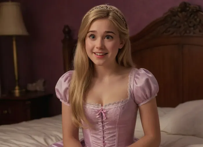 royal bedroom, 18yo, cute girl, cutest girl in the world, (nervous smile), (horny, excited), (blushing, submissive, begging), dimples, button nose, hairband, (Princess Rapunzel from Tangled:1.3), showing face, flat chest, puffy nipples, (loose-fitting see-through lace chemise:1.2), (clitoris, vagina, very hairy pussy), (stockings:1.2)