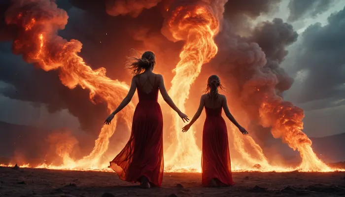 light connection between many of galaxies, flaming from bodies red women ghost dancing between them fire tornado from sky, axe Iansa