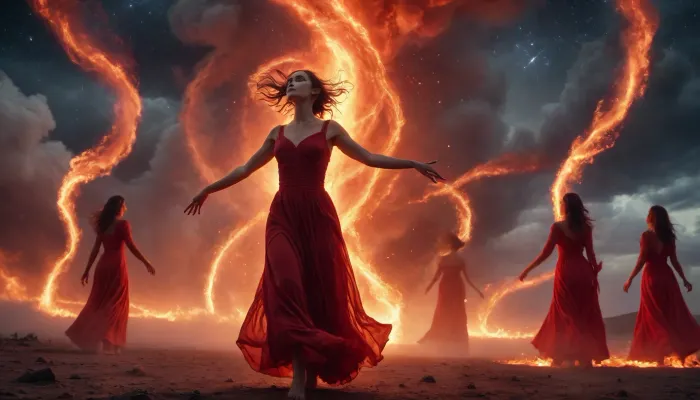 light connection between many of galaxies, red women ghost dancing between them fire tornado from sky