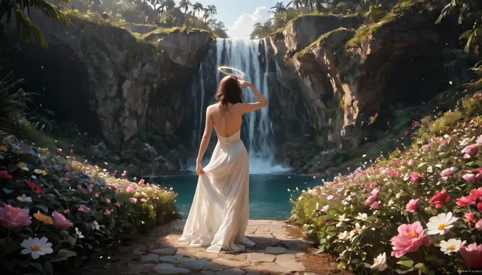 1girl, score_9, score_8_up, score_7_up, full body picture, ultra detailed, She is seen from behind, back facing the camera, beautiful young adult thin, fit and athelic supermodel in a secret flower garden, with a waterfall in the background, She has very pale skin, (a wreath of flowers placed on the head:1.2), standing, facing a distant waterfall, soft misty air, (one arm lifted, palm open, a halo of light streaming from her hand, delicate particles of nature energy floating around her forearm:1.3), dreamy harmony with nature, long loose jet black hair falling down her back, naked, soft natural curves. Warm late afternoon light glows on her pale skin, water droplets sparkling in the air, perfect hands, detailed realistic hands, Shallow depth of field, dreamy bokeh flowers, cinematic, romantic, magical atmosphere, magical particles in the air, refined sensuality, quality, captures, every, detail, clarity, magical, NEGATIVE_HANDS, ac_neg1, detailxl, <lora:Hidden_Waterfall:.1>, <lora:EnvyMagicalXL01:1.9>