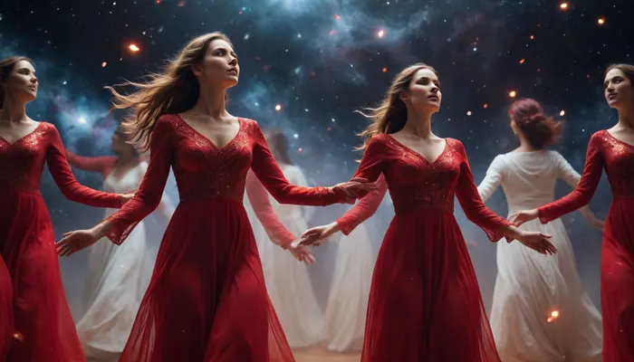 light connection between many of galaxies, red women ghost dancing between them