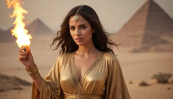 gegyptian women praist in ancient robe, gold lingery in deep desert, fire storm on horizont