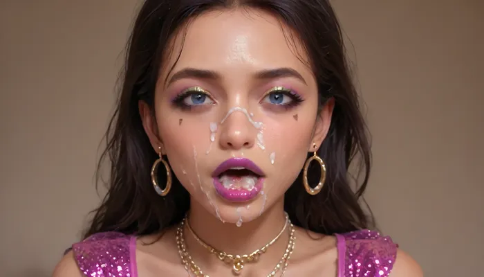 (high-quality facial detail:1.3), Indian sexy beautiful girl, (blue eyes:1.3), ((bimbo makeup, intense saturated glossy purple lipstick:1.2)), (Indian face:1.9), ((makeup:1.8), long blue eyelashes, olive eyeshadow with glitter), (lips:1.2), open mouth, saliva, in a transparent tight-fitting sequined dress, (pink-purple areoles are visible, nipples with piercings), an exquisite necklace and gold bracelets, (purple anus stretched around dildo), mid ejaculation, (penetration), she has long hair tied up in a bun, (purple pussy:1.7), nipple ringsnipple, (purple puffy anus:1.5), nipple ringsnipple rings, pussy view, slit pussy, slender long legs with a high waist, fishnet stockings, green stilettos, seductive grins, dark skin., (cum in mouth:1.3), (heavy pussy piercing:1.7), There is a lot of cum on the pubic area of the anus, lactation, sprayingmilk, Aesthetic, Nail, bbcdeepthroat, <lora:lactation_XL_0_:1.6>, <lora:Aesthetic_Nails:1.4>, <lora:BBCDeepthroat:2>