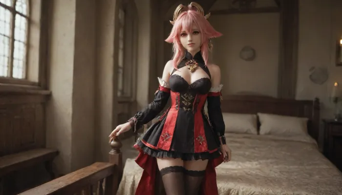 21 years old, 8K, solo, red eyes, fox, ears, five fingers, perfect fingers, pink hair, masterpiece of the highest quality, work of a true master, dress, skirt, stockings, unbuttoned sleeves, jewelry, black thigh-high stockings, Vision, leather, black, suit, Lynette, (Genshin, Impact), <lora:MIAOKA_Yae Miko_XL:2>, <lora:tifa_re_sdxl_V1_01-000006:.8>