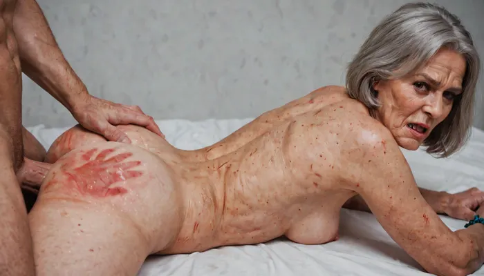 (MILF:1.1), (mature), (wrinkled face:.1), (freckles:.1), . A 69-year-old woman is forced into vaginal sex., (She has a bob haircut.), Lying on her stomach, her very tiny breasts, seen in profile, vaginal penetration. A strong man and moans penetrate her. Forced sex. Her hands are tied behind her back. She looks at the viewer. Close-up of her face. Her hands are tied behind her back. She has a big ass, spanking marks, Scratches on the back, (Forced sex), Naked. Look at the viewer