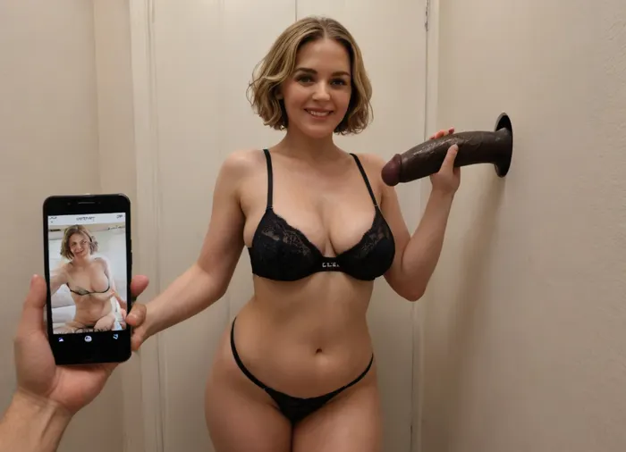 (((Front viewer sees man hand holding cell phone up))), ((viewer sees phone screen)), Gloryhole booth room with wooden walls and no door, 1 big black cock in Gloryhole, 45 year old fat chubby milf, short blonde curly bobcut hair, large sagging breasts, wet body, fat stomach, toned ass, athletic thighs, "blacked written on bra band" lingerie, QOS, black spade tattoo on breast, big smile looking at photographer, thick veiny big black cock and balls hanging out hole in the wall, handjob with both hands, blacked, cover, blackedwear, ass, sagging, breasts, <lora:BLACKED_girls:2>, <lora:sagging-000015:2>