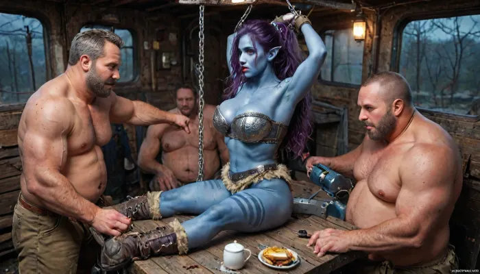 female drow elf barbarian, (dark night blue skin:1.82), tall, angry, busty, curvy, thin waist, big boobs, big butt, slim, athletic, fit, vitiligo, strong, (wearing Drizzt Do'Urdens armor, with bear fur pelt, dungeons and dragons inspired chainmail, purplish blue skin, black and purple hair, Dark, Elf, Warrior, Drow, tattooed, scarred, purple eyes, uberfit, muscular, blue skin, amazon, giant, fur barbarian armor, bloody, blood spatter, bear, bear heart), Dark, Elf, Warrior, Drow, tattooed, scarred, purple eyes, uberfit, muscular, blue skin, amazon, giant, fur barbarian armor, bloody, blood spatter, bear, bear heart, zavy-brbrn, defeating a woman in combat, fighting, killing, blood, winning fight, magazine cover, Realism_Quality_2xx_By_Stable_Yogi, score_9, score_8_up, score_7_up, (((very pretty face:1.3))), (((extremely ultra detailed face:1.3))), perfect fingers and hands, upper body view, (extreme size difference:1.6), (ultra realistic), (maximum quality), (high resolution), (extreme detail), (ultra realism), UHD, super high quality, highly detailed, high resolution, perfect lighting, natural lighting, Uber realistic, ultra detailed, masterpiece, 35mm photograph, film, professional, 4k, hdr, photographic, ultra realistic, ultra high details, back light, (dynamic pose), (dynamic angle), (random angle), (random pose), (dynamic view), (random view), best quality, volumetric lighting, golden hour lighting, dramatic shadows, rich details, nature-inspired color palette, 8k, score_9, score_8_up, score_7_up, FILM PHOTOGRAPHY STYLE, cinematic photo photo woman, professional portrait photorealism, a white and blue alice in wonderland dressed in satin, blonde, blue-eyed, alice in wonderland satin cosplay, satin skirt, striped stockings, knee-length red high heeled boots, fucked by mad hatter at mad hatter's tea party, missionary, large breasts and ass, wet-look, cleavage, thick red lips, heavy black eyeshadow, dark-haired male dressed in purple suit with yellow waistcoat and enormous purple top hat, sound effects, motion lines, tea party, teapot, crockery, spoons, plates, sandwiches, ((gangbang_rape, doubleanal_rape, arms_behind_head, nsfw:1.24)), ((hogtied, bound with large chains, tied to a torture van:1.36)), (Torture, defiling, sadism:1.62), ((5 dirty old fat men gangrape girl:1.36)), <lora:LCMTurboMix_Euler_A_fix:2>, <lora:Dark_Elf_Warrior:2>, <lora:Drow:2>, <lora:uberfit_lora_sdxl:2>, <lora:zavy-brbrn-sdxl:2>