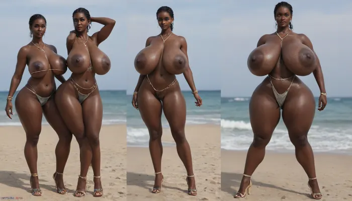 (absolutely black skin:1.65), (gigantic massive huge tits slender beauty model on the beach:1.35), (incredibly floppy saggy tits:1.65), (very large very dark areolae:1.55), erect nipples, seduction, model with full body and face, ((groping tits and ass)), very high plateau heels, ((bikini)), (belly chain, anklet, bracelet, jewelry, necklace), ((micro skirt)), oiled up, light hairy pussy, very detailed image, ultra high definition
