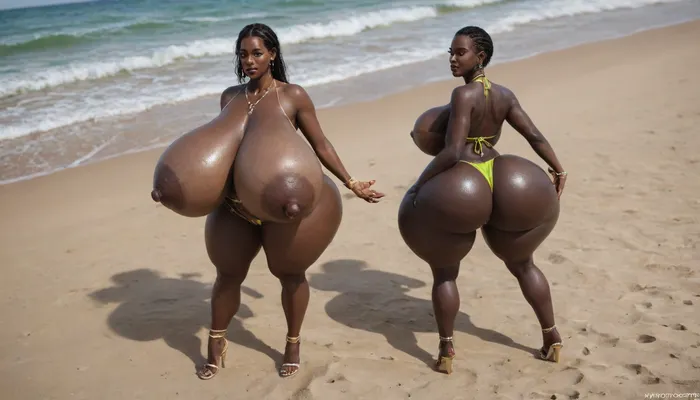 (absolutely black skin:1.45), (gigantic massive huge tits slender beauty model on the beach:1.35), (incredibly floppy saggy tits:1.85), (very large very dark areolae:1.55), erect nipples, seduction, model with full body and face, ((groping tits and ass)), very high plateau heels, ((bikini)), (belly chain, anklet, bracelet, jewelry, necklace), ((micro skirt)), oiled up, light hairy pussy, very detailed image, ultra high definition