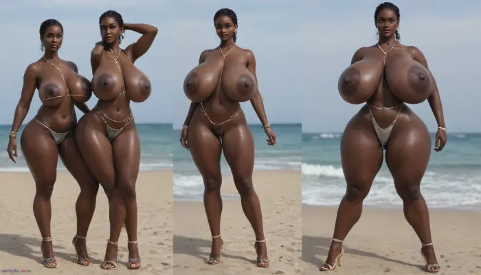 (absolutely black skin:1.65), (gigantic massive huge tits slender beauty model on the beach:1.35), (incredibly floppy saggy tits:1.65), (very large very dark areolae:1.55), erect nipples, seduction, model with full body and face, ((groping tits and ass)), very high plateau heels, ((bikini)), (belly chain, anklet, bracelet, jewelry, necklace), ((micro skirt)), oiled up, light hairy pussy, very detailed image, ultra high definition