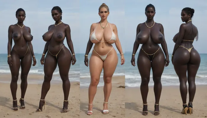 (absolutely black skin:1.85), (gigantic massive huge tits slender beauty model on the beach:1.25), (incredibly floppy saggy tits:1.35), (very large very dark areolae:1.25), erect nipples, seduction, model with full body and face, ((groping tits and ass)), ((very high plateau heels)), (bikini), ((belly chain, anklet, bracelet, jewelry, necklace)), (micro skirt, sun dress), oiled up, light hairy pussy, very detailed image, ultra high definition