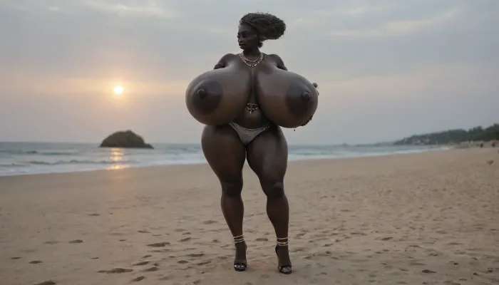 (absolutely black skin:1.85), (gigantic massive huge tits slender beauty model on the beach:1.55), (incredibly floppy saggy tits:1.35), (very large very dark areolae:1.25), erect nipples, seduction, model with full body and face, ((groping tits and ass)), ((very high plateau heels)), (bikini), ((belly chain, anklet, bracelet, jewelry, necklace)), (micro skirt, sun dress), oiled up, light hairy pussy, very detailed image, ultra high definition
