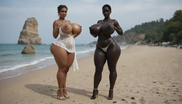 (absolutely black skin:1.85), (gigantic massive huge tits slender beauty model on the beach:1.25), (incredibly floppy saggy tits:1.35), (very large very dark areolae:1.25), erect nipples, seduction, model with full body and face, ((groping tits and ass)), ((very high plateau heels)), (bikini), ((belly chain, anklet, bracelet, jewelry, necklace)), (micro skirt, sun dress), oiled up, light hairy pussy, very detailed image, ultra high definition