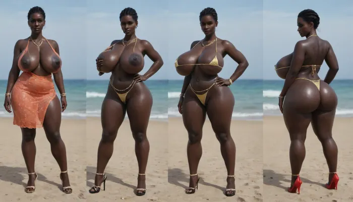 (absolutely black skin:1.85), (gigantic massive huge tits slender beauty model on the beach:1.25), (incredibly floppy saggy tits:1.35), (very large very dark areolae:1.25), erect nipples, seduction, model with full body and face, ((groping tits and ass)), ((very high plateau heels)), (bikini), ((belly chain, anklet, bracelet, jewelry, necklace)), (micro skirt, sun dress), oiled up, light hairy pussy, very detailed image, ultra high definition