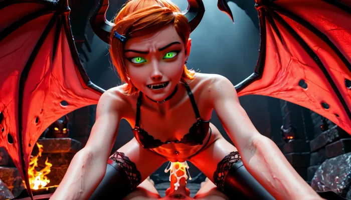 ((((3d graphics)))), (beautiful face:1.4), (incredibly sexy face:1.6), man on sacrificial altar, 1 succubus, unholy inner sanctum, dungeon sacrificial chamber, glowing pentagram, (detailed erotic face), evil glowing eyes, evil lighting, (evil succubus:1.2), she looks at man, 18 year old model, strict black Hair ponytail, choker, lots of tattoos and piercings, ((glowing runes on body)), (on all fours), big Fake lips, silicone lips, skinny, perfect medium tits, bangs hair, black eyeliner, navel piercing, (predatory face:1.4), (((hungry expression))), (focus on face), knee high stockings, pierced nipples, harness, cupless, demon wings middle of back, her arms stretched up, evil flames, menacing smoke, (she is sucking on his neck), (she is biting his neck), (arms up), demonic tail flailing, (fangs:1.2), (young body:1.3), (cowgirl position), ((she chokes man to death)), suck man's energy, pov, cat eyes, suck out man's soul, vaginal sex, glowing uterus vagina, (skinny body:1.2), thin, (she chikes the life out of the man), (man is in extreme pain), (man's soul is leaving his body), (medium Breasts:1.2), slit pupils, she takes his life force, big plump lips, rich lipstick, man is chained to altar, man struggles, colored magical smoke emerging from his body, latex_bra, (entire cock penetrating into her vagina), man dies, absolutely massive creampie of evil glowing cum, glowing penis, glowing vagina, close-up, masterpiece, UHD 8k, womb, tattoo on stomach, breasts, demon, wings, horns, lingerie, gwen, tennyson, (/Ben10), /, (ultra, HD, quality, details), bright, orange, hair, short, (green, eyes), <lora:womb_tattoo_v6_SDXL:1>, <lora:Gwen Tennyson (Ben10) - XL SCXL V1.0:.8>