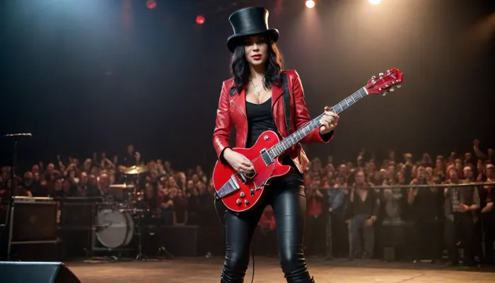 tall slim thick slash type woman, wearing red leather waist coat, weraing black leather jeans, wearing a top hat, playing a guitar, on satge at a concert, full body image facing to the front