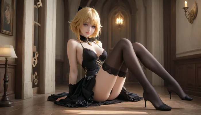 A full-length adult girl, wearing a beautiful, full dress, wearing a black steampunk costume with yellow elements, a gothic dress style, Navia from the game Genshin Impact, long yellow hair, large purple eyes, a happy smile, 1 girl, breasts, firm breasts, firm nipples, uncensored, looking at viewer, shiny skin, blush, bangs, woman, _jbright__, (genshin, impact), solo, navia, (genshin, impact/), jewelry, black thigh-high stockings, <lora:Navia_XL_LoRA:2>