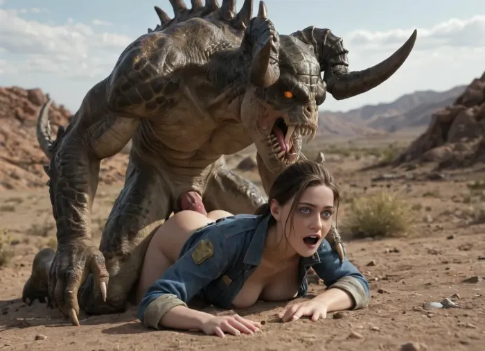 (masterpiece, ultra detailed, best quality, soft shadows, soft light), Fallout style, Lucy MacLean, dressed in a Vault 13 jumpsuit, is getting aggressively fucked by a massive green Deathclaw in the desert, vaginal from behind, grab head, she has black hair, dirty skin, Interspecies, Deathclaw, Fallout, lizard penis, mutant male, monster sex, zoophilia, dirty torn jumpsuit, detailed faces, detailed eyes, detailed mouth, detailed pupils, detailed teeth, HD, ultra detailed, outdoors, grinning female, pain scream, wide open eyes, perfect eyes, cumflation