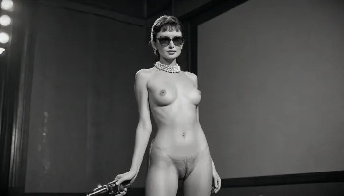 sensual naked woman, audrey hepburn, very hairy pube, natural breasts, old photo, black and white photo, grainy photo, full body view, freckles, mole, lightly smiling, holding .44 pistol, fully naked body, pearl choker, pearl earrings, sunglasses, legs spread wide, movie theater scenery, <lora:EnvyGothXL01:1.7>, <lora:Meru_Character_SDXL-000007:1.2>, <lora:Polaroidv2:1>, <lora:late night out_epoch_12:1.5>, <lora:Midjourney Image Enhancer XL v1:1.2>