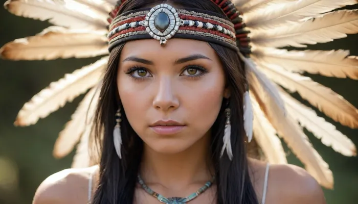 Masterpiece, realistic photography, of an enchanting native American princess, 20 years-old, ultra-realistic, black hair, flawless clear skin, detailed body, detailed face, realistic body, realistic face, beautiful piercing grey eyes, realistic eyes, angelic face, sultry looking, distant look, 3/4 view, Tee-pee in the background, peaceful face, wearing a feathered headdress, close-up face, cinematic view, background blur, large format