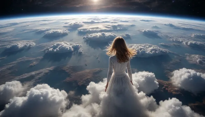 look from orbit to earth, dramatic cfractal clouds, drifting girl