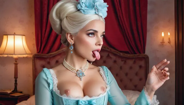 A painting of a woman in a Rococo-style costume, inspired by Jean-Baptiste van Loo's painting "The Empress Tarot Card," depicting her sucking on a cock, wearing high fashion clothing from the 1800s