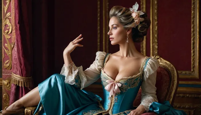 Un dipinto di una donna in un costume in stile rococò, con colori rosa e blu, ispirato dalla pittura "Sakimichan Frank Franzi" di Jean-Baptiste van Loo. La donna è raffigurata con cinque dita su di lei