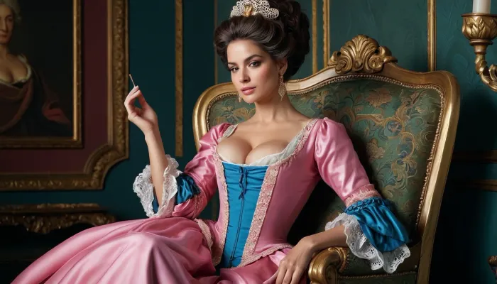 A painting of a woman in a Rococo-style dress with five fingers on her right hand and pink and blue clothing inspired by Jean-Baptiste van Loo's painting "The Empress Tarot Card" is trending on CG Society