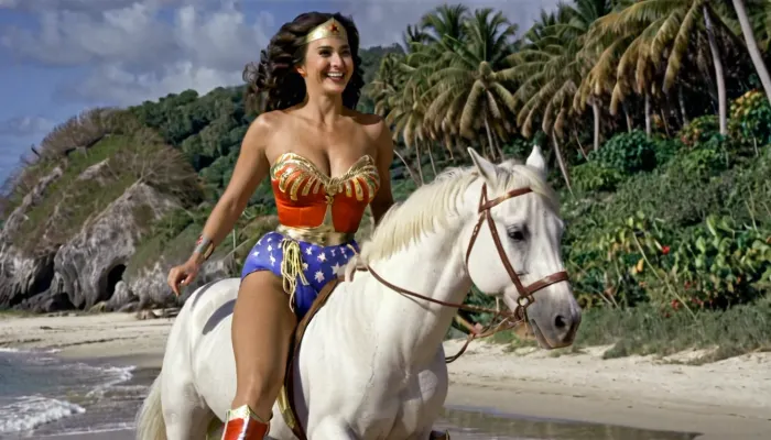 A woman with a beautiful face and a big natural pendulous breasts is riding a white horse galloping on the beach. She has huge natural pendulous breasts, pubic hair, and smiling face