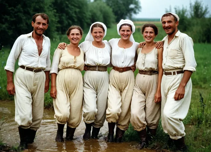 The photo depicts a group of liberated villagers from 1910, wearing wet white pantaloons and having fun in the village. The woman in the photo is very old, but she has high-quality AI-generated text that describes her as happy