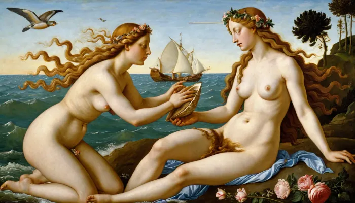 Das Bild zeigt die Geburt von Venus aus der Schale eines gerippten Herzens oder Skalopps, angetrieben durch den Wind. Auf der linken Seite des Gemäldes schlägt Zephyr auf eine Schale, wodurch ein Wind mit Blumen gefüllt. In der Mitte