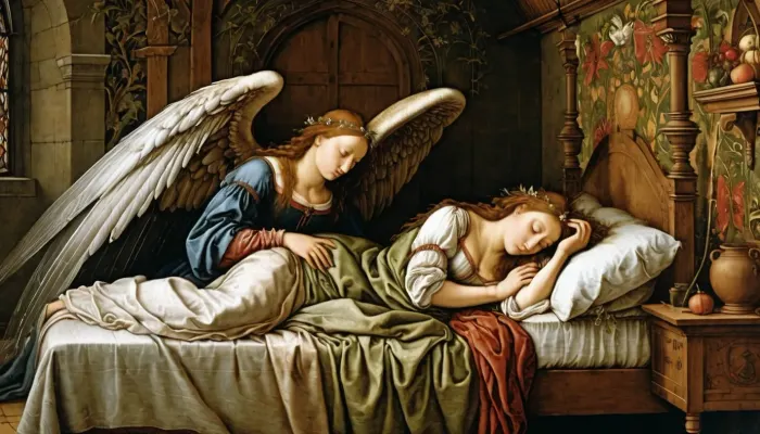 La gravure médiévale dépeint un ange avec de grandes ailes pliées sur une jeune fille adulte qui dormait paisiblement dans son lit. La canopée sur le lit était haute résolution, détaillée, et dépeint des détails complexes de la scène