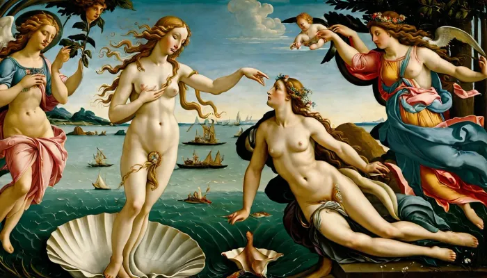 Das Gemälde zeigt das berühmte Gemälde "Die Geburt der Venus" von Sandro Botticelli, mit hoher Auflösung und detaillierter Ausarbeitung von Details. Die Frau ist in der Schale eines gerippten Herzens oder Skalopp, angetrieben durch den Wind