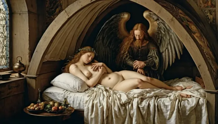 Büyük kanatları olan melek genç bir kadının yatağı üzerinde eğildi, kanatları onun uyku formundan aşağıya baktı. Uzun sarışın saçları onu gevşek dalgalara geri bıraktı ve onu açığa çıkaran basit bir beyaz gown giydi