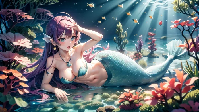 In the underwater world, there was a mermaid girl named Ai who had long hair that flowed down her back and wore a necklace with a star symbol on it. Her dress was made of seaweed green fabric and she wore ho1 earrings with