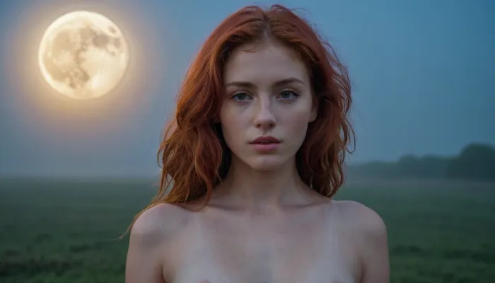 A nude woman with red hair and deep blue eyes stood in the fog, her perfect body illuminated by the moonlight. She held a camera in her hand, taking pictures of the world around her. The low light made it difficult to see details,