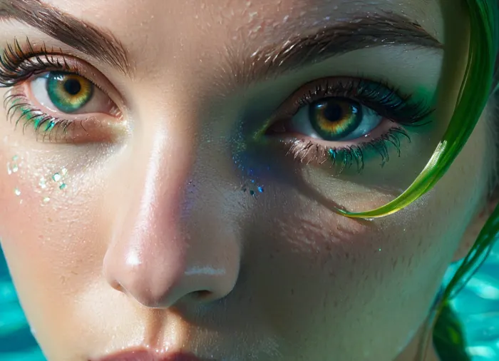 Em uma cena fotorrealista subaquática, uma sereia fascinante nada em uma piscina exterior com pele brilhante, luz solar refratada e maquiagem sutil. A iluminação é ultra-detalhada e cria um efeito fascinante