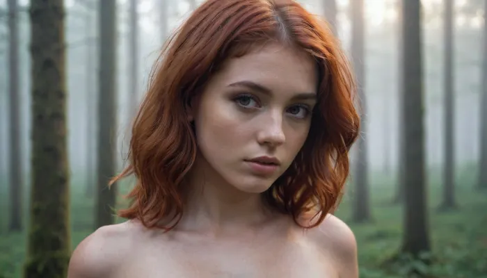 The woman in the picture is wearing a red halter top and a black skirt, with long blonde hair that falls down her back. She has deep blue eyes and perfect eyebrows, and her lips are painted red. The picture was taken in a forest