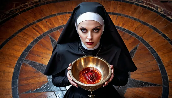 La mujer en la foto está usando un traje de monja sexy con una imagen generada de alta calidad AI. Tiene un pentagrama dibujado en el suelo y está sosteniendo un tazón de ornado lleno de sangre. Sus ojos están ultradetallados y perfectamente coinciden