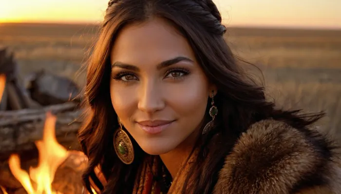 Die Augen der Frau waren mesmerisierend, mit einem goldenen Licht aus den Schülern. Ihr Haar war perfekt rund und symmetrisch, mit weichem Fokus im Hintergrund. Das Foto war sehr detailliert und realistisch, jedes Detail von Gesicht und Ausdruck zu erfassen