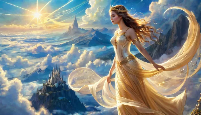 Elara, the celestial beauty with golden hair and ethereal presence, soars through the clouds like a graceful angel. Her gown billows in the wind, and her hair cascades down her back like a river of shimmering gold