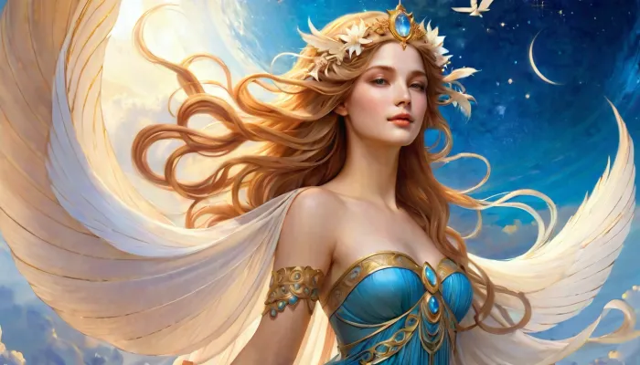 Zyrri, la beauté éthérée des nuages, glisse dans le ciel avec grâce et élégance. Sa robe bat comme un voilier dans une douce brise, tandis que ses cheveux coulent comme des fils dorés. Elle porte un diaphane